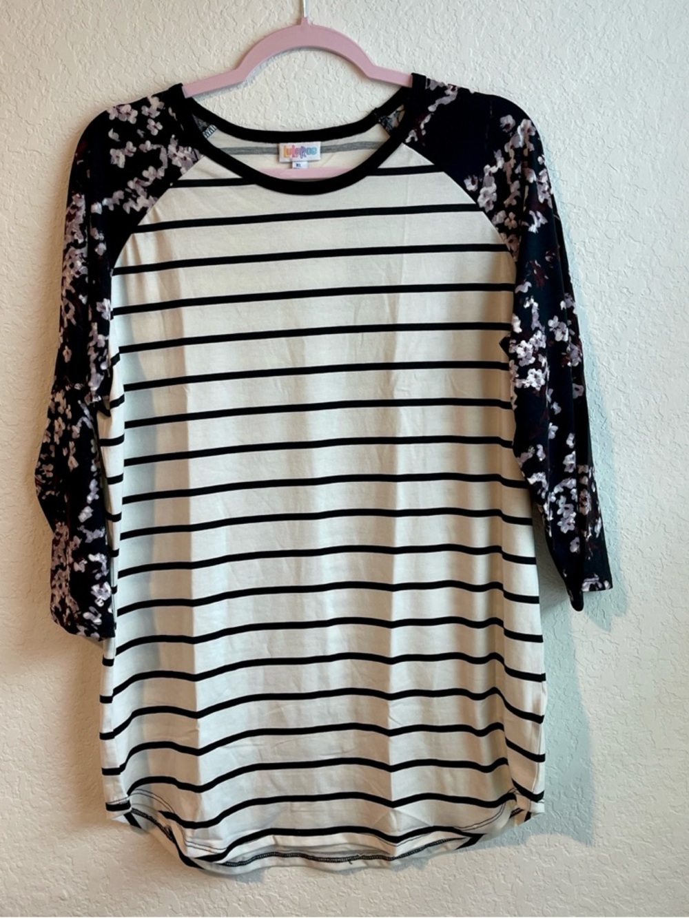 Striped Raglan Top with Floral Sleeves